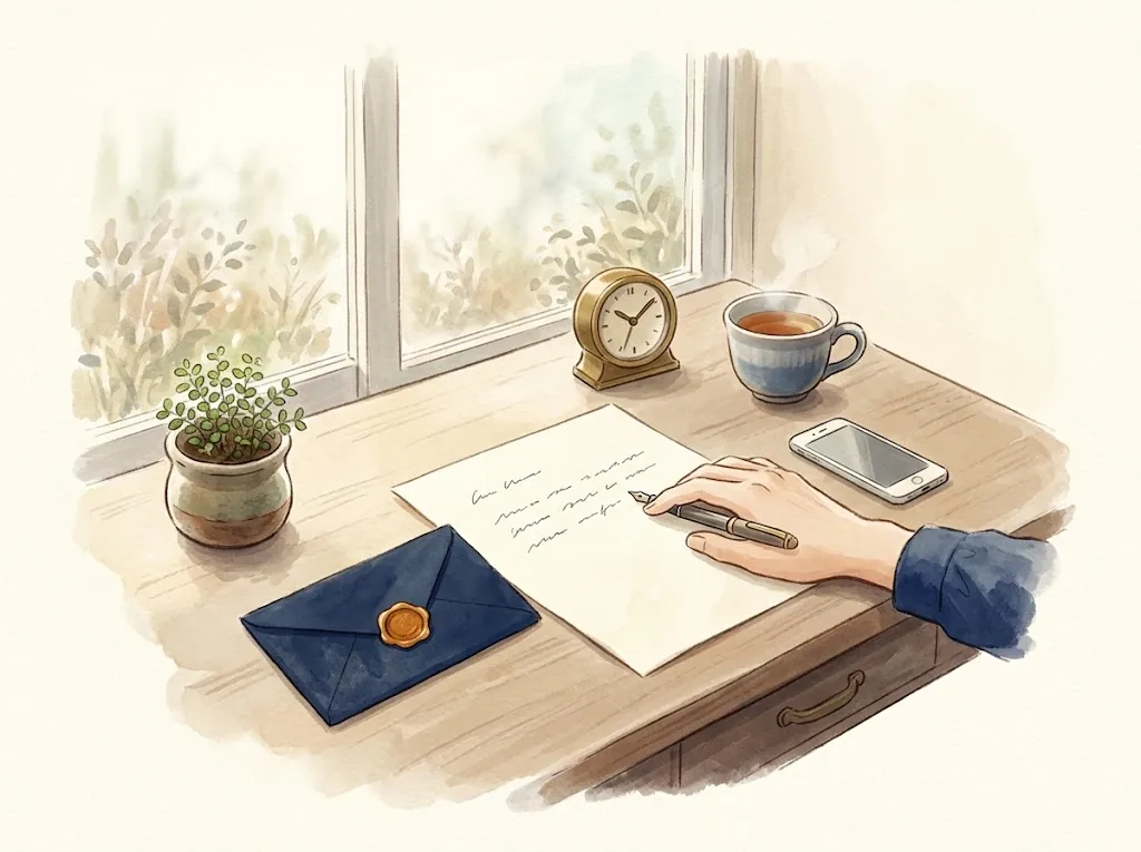 晨光裡的書桌,一封寫到一半的信、封好的深藍信封與小時鐘