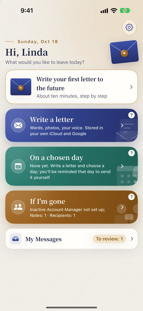 Sayahead home screen: Write a letter, On a chosen day, If I'm gone
