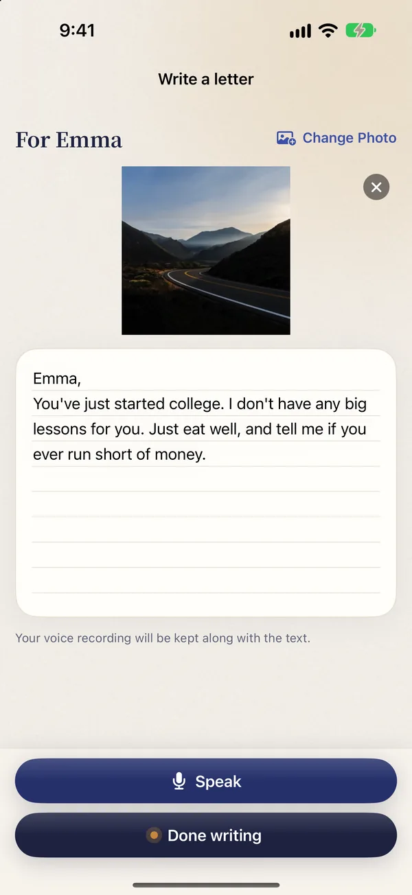 Writing screen: a letter to Emma with a photo attached